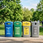 A professional, high-quality editorial photograph of a set of clean, modern, color-coded recycling bins arranged neatly on a paved path in a sunlit public park. The scene is set in early summer, featuring lush green grass and vibrant deciduous trees in the background under a clear sky. The lighting is bright and warm, casting soft afternoon shadows that suggest a peaceful, organized municipal environment. The composition is clean and minimalist, focusing on the theme of civic responsibility and environmental care, with a shallow depth of field that keeps the natural greenery in soft focus.
