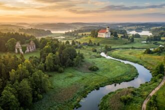 A wide-angle, cinematic landscape of the Rospuda river valley in north-eastern Poland at sunrise. A clear, winding river flows through lush meadows and past thick forests. On a gentle hill in the background, a historic 19th-century neoclassical church stands prominently, while the atmospheric, vine-covered ruins of a 17th-century stone church are visible in a nearby clearing. The scenery is dotted with tranquil lakes and rolling hills under a soft, golden sky. The style is that of a high-end travel editorial, capturing the serene, timeless beauty of the rural Suwałki region.