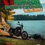 II Filipowska Parada Motocyklowa, 15.08.2026. Motocykl nad jeziorem i logo 50-lecia ośrodka kultury w Filipowie