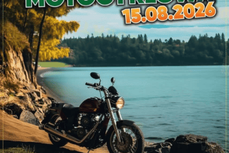 II Filipowska Parada Motocyklowa, 15.08.2026. Motocykl nad jeziorem i logo 50-lecia ośrodka kultury w Filipowie