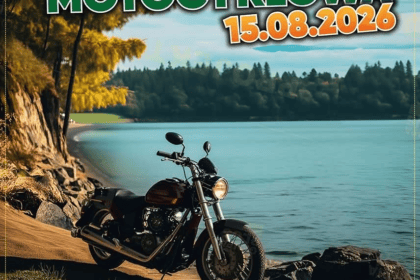 II Filipowska Parada Motocyklowa, 15.08.2026. Motocykl nad jeziorem i logo 50-lecia ośrodka kultury w Filipowie
