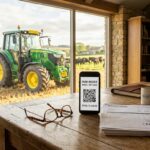 Smartfon z fakturą elektroniczną na biurku w biurze rolniczym, za oknem widok na traktor i pole