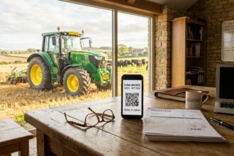 Smartfon z fakturą elektroniczną na biurku w biurze rolniczym, za oknem widok na traktor i pole