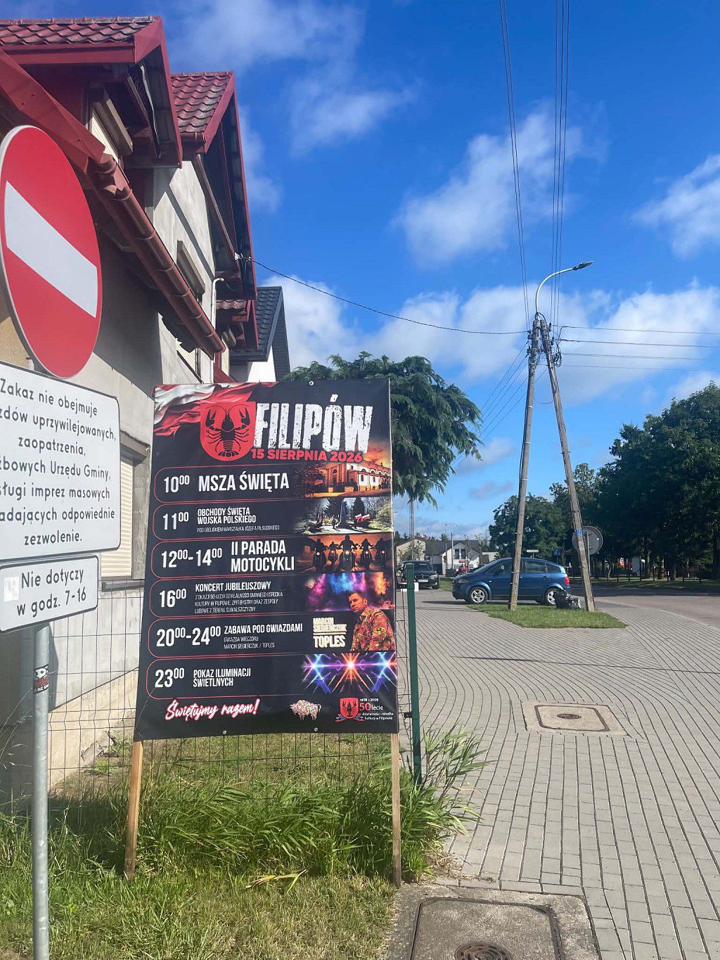 Plakat z programem obchodów 15 sierpnia 2026 w Filipowie: msza, święto wojska, parada motocykli, koncerty i pokaz świateł