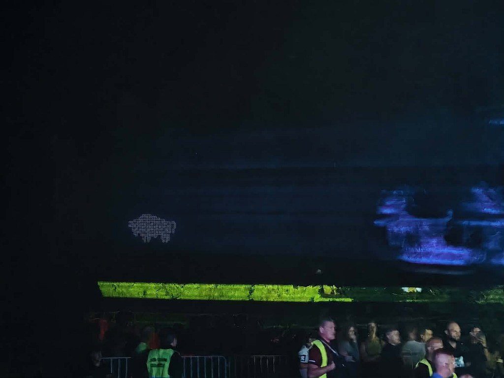 Świecący kontur żubra wyświetlany nad tłumem ludzi podczas nocnego wydarzenia