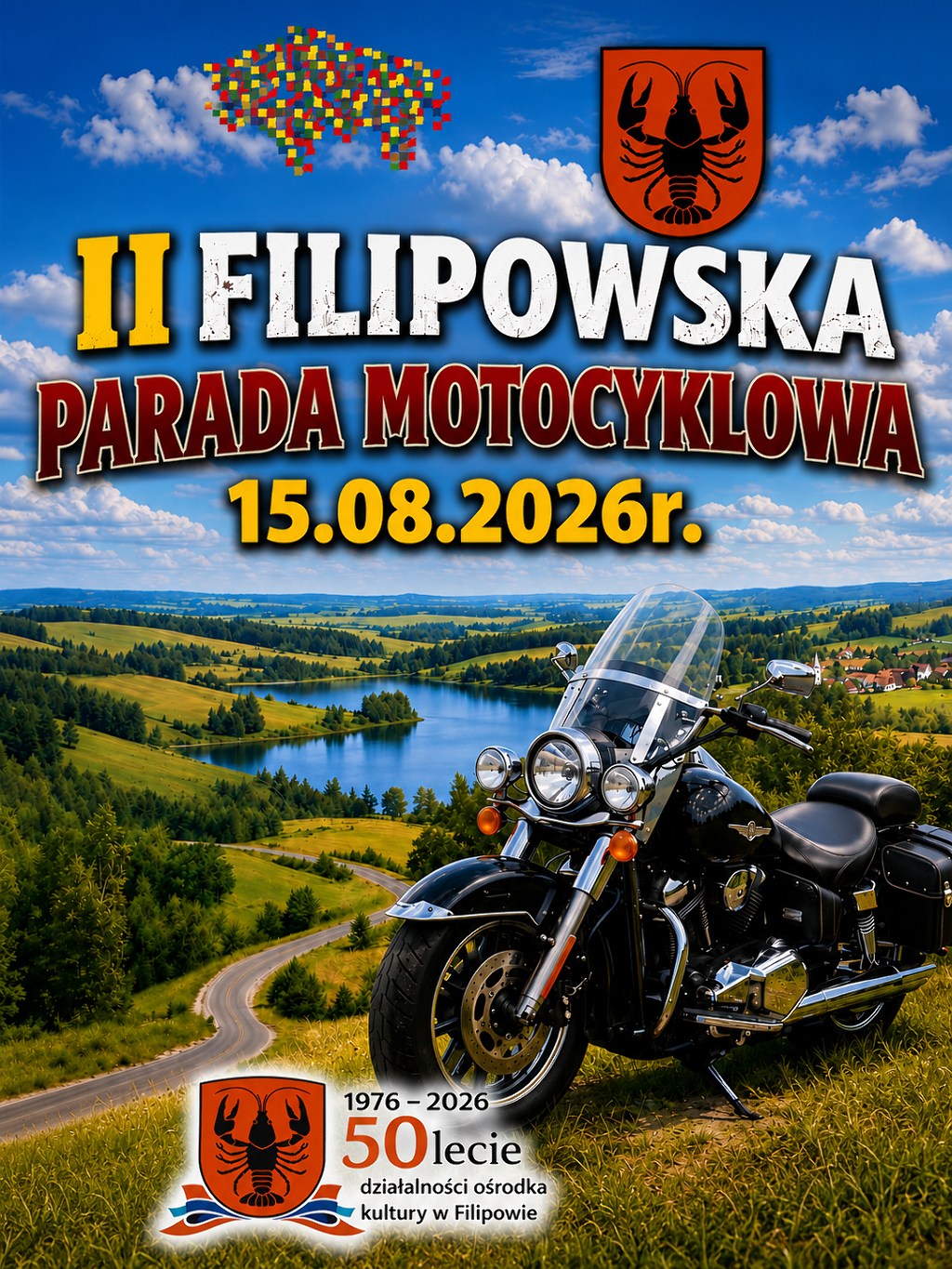 II Filipowska Parada Motocyklowa, 15.08.2026 r. Motocykl na tle krajobrazu i logo 50-lecia ośrodka kultury w Filipowie