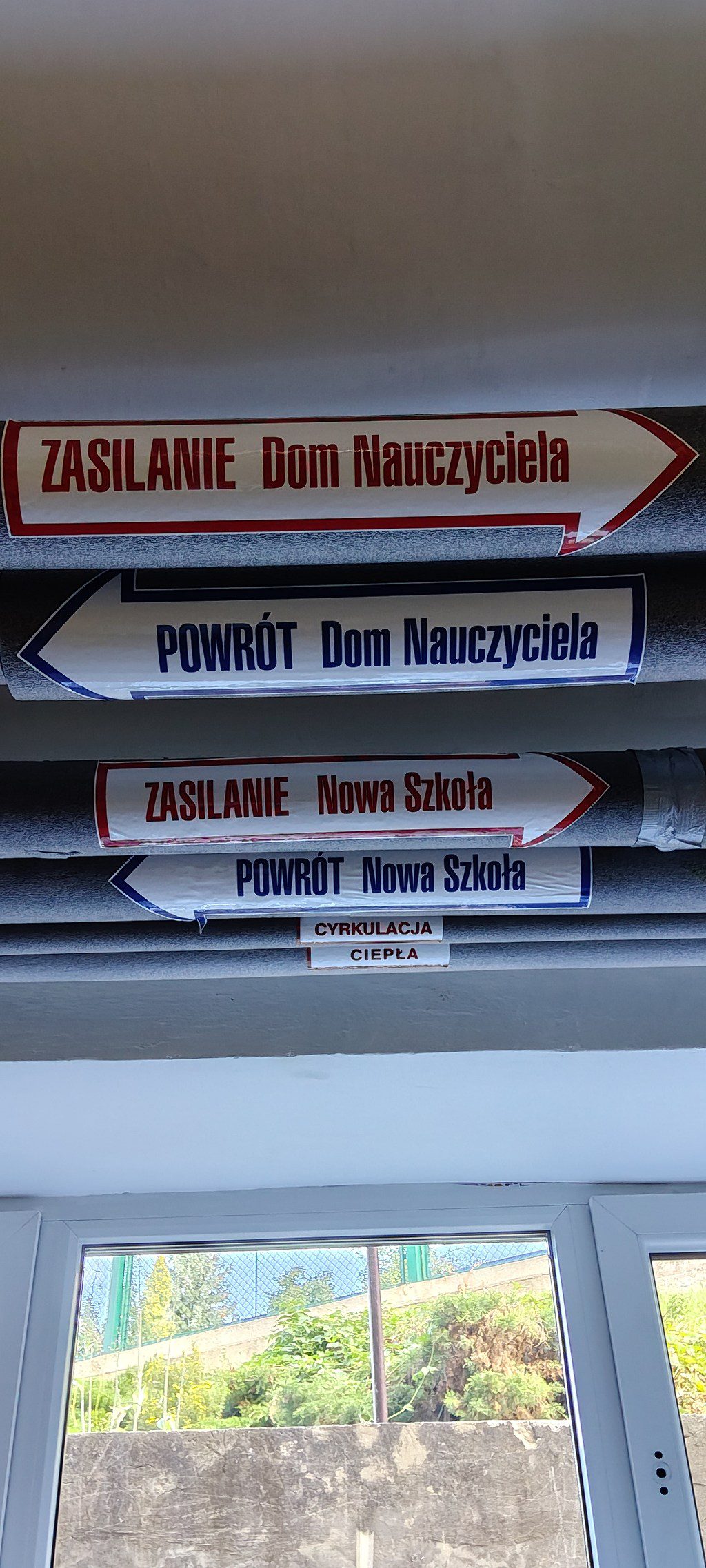 Rury z etykietami: Zasilanie (w prawo) i Powrót (w lewo) dla Domu Nauczyciela oraz Nowej Szkoły