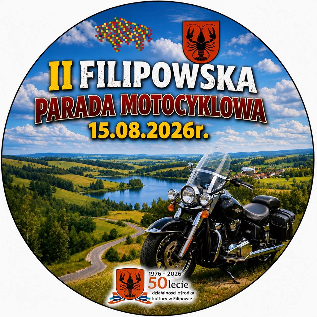 II Filipowska Parada Motocyklowa, 15.08.2026 r. Motocykl na tle jeziora. 50-lecie ośrodka kultury w Filipowie