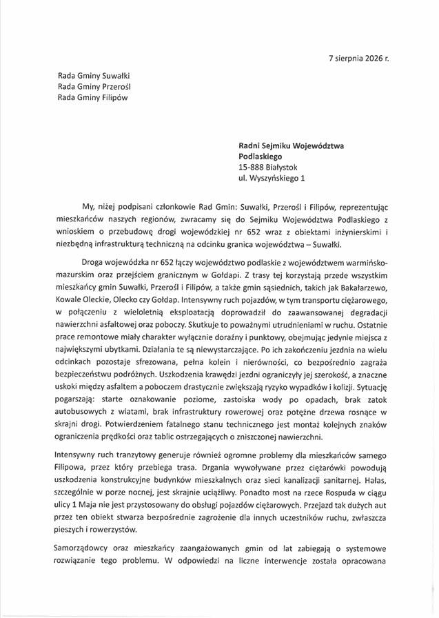 Wniosek Rad Gmin Suwałki, Przerośl i Filipów o przebudowę drogi wojewódzkiej nr 652 na odcinku granica województwa – Suwałki