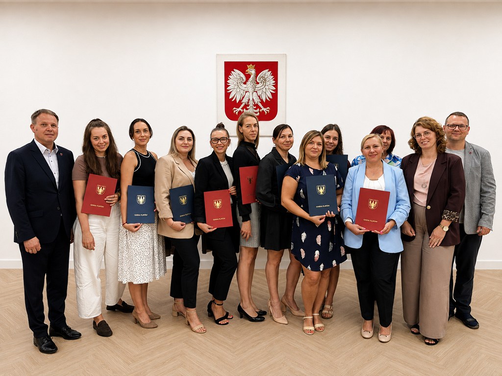 Grupa osób z teczkami Gminy Filipów pozuje do pamiątkowego zdjęcia na tle godła Polski