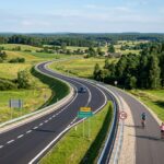 Kręta droga wojewódzka DW676 z osobną ścieżką rowerową biegnąca przez zielony, pagórkowaty krajobraz Podlasia