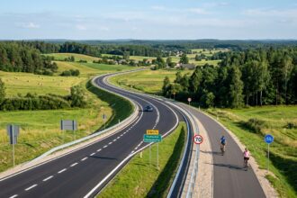 Kręta droga wojewódzka DW676 z osobną ścieżką rowerową biegnąca przez zielony, pagórkowaty krajobraz Podlasia