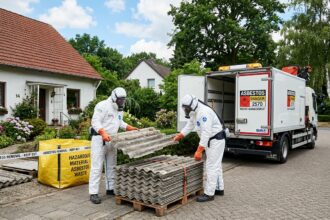 Pracownicy w kombinezonach ochronnych i maskach przenoszą płyty azbestowe przed domem jednorodzinnym