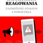 Plakat: Instrukcja reagowania – zagrożenie atakiem z powietrza. Ilustracja przedstawia telefon z ostrzeżeniem i megafon