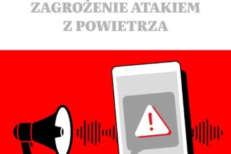 Plakat: Instrukcja reagowania – zagrożenie atakiem z powietrza. Ilustracja przedstawia telefon z ostrzeżeniem i megafon