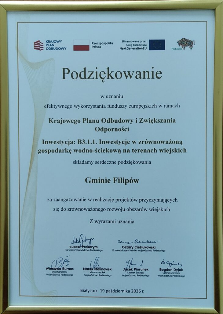 Dyplom z podziękowaniem dla Gminy Filipów za efektywne wykorzystanie funduszy europejskich w ramach KPO