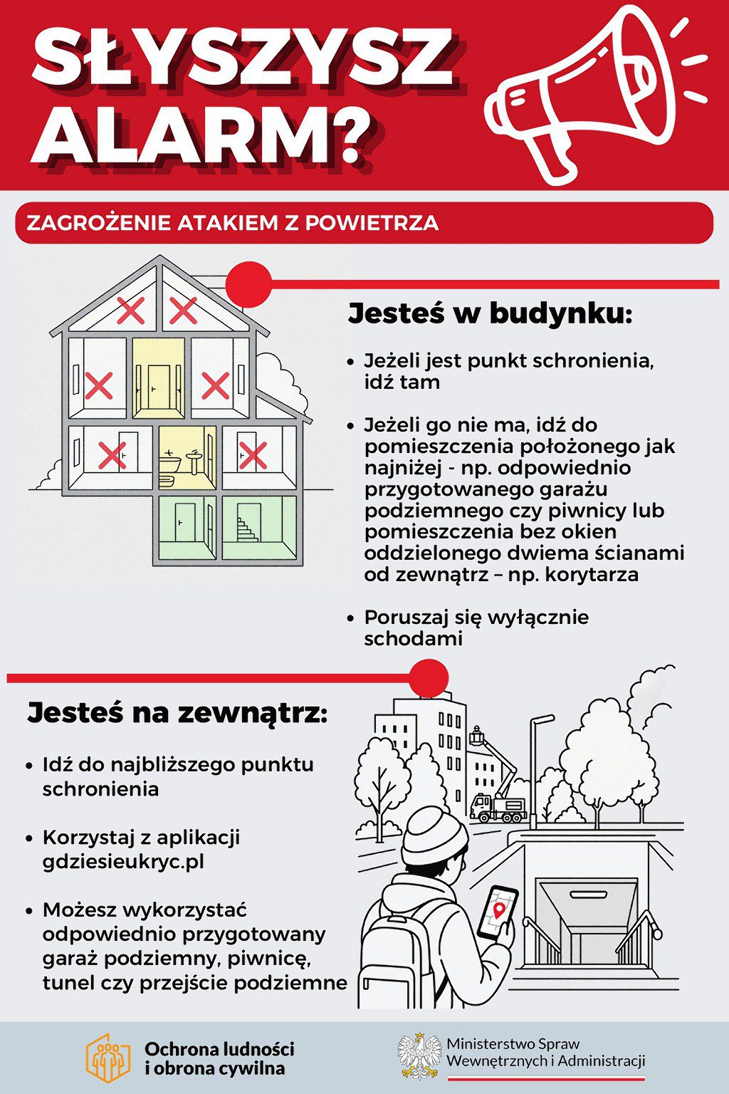 Instrukcja postępowania po usłyszeniu alarmu o ataku z powietrza: w budynku udaj się do schronu lub najniższego pomieszczenia bez okien, na zewnątrz przejdź do najbliższego schronu lub tunelu